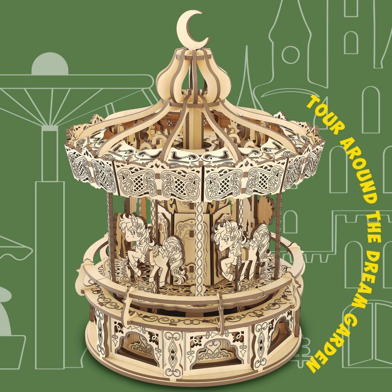 Houten puzzel carousel muziekdoos, 20,5 × 20,5 × 27 cm