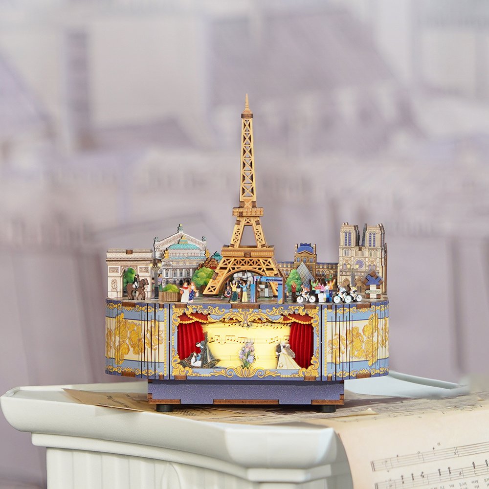 DIY 3D houten muziekdoos Romantic Paris, 16 x 14 x 17,7 cm