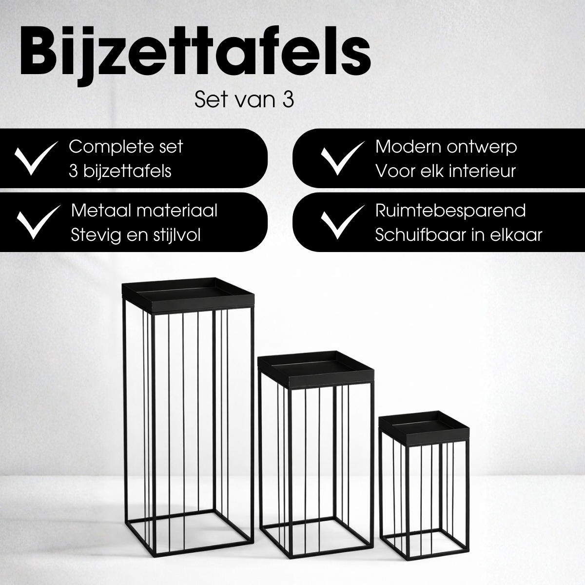 Zwarte bijzettafel set Beth hoog model - 3-delig