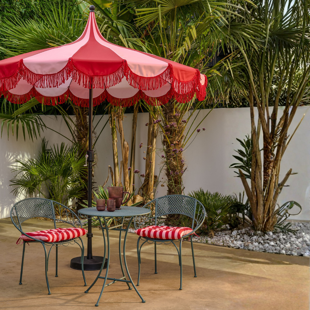 Rood gestreepte parasol met franjes Ø235 cm