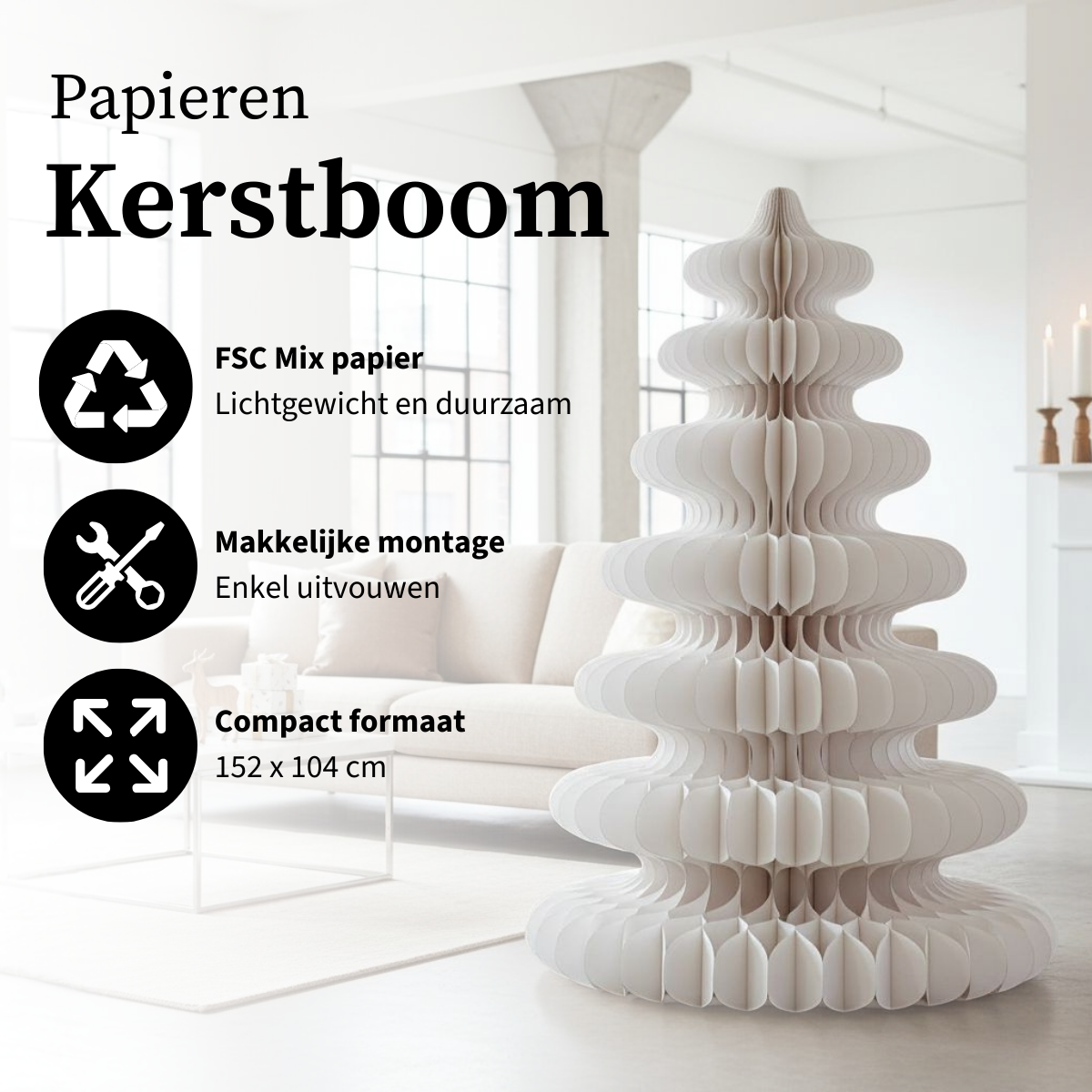 Decoratieve kerstboom van papier, wit, Ø 104 × 152 cm