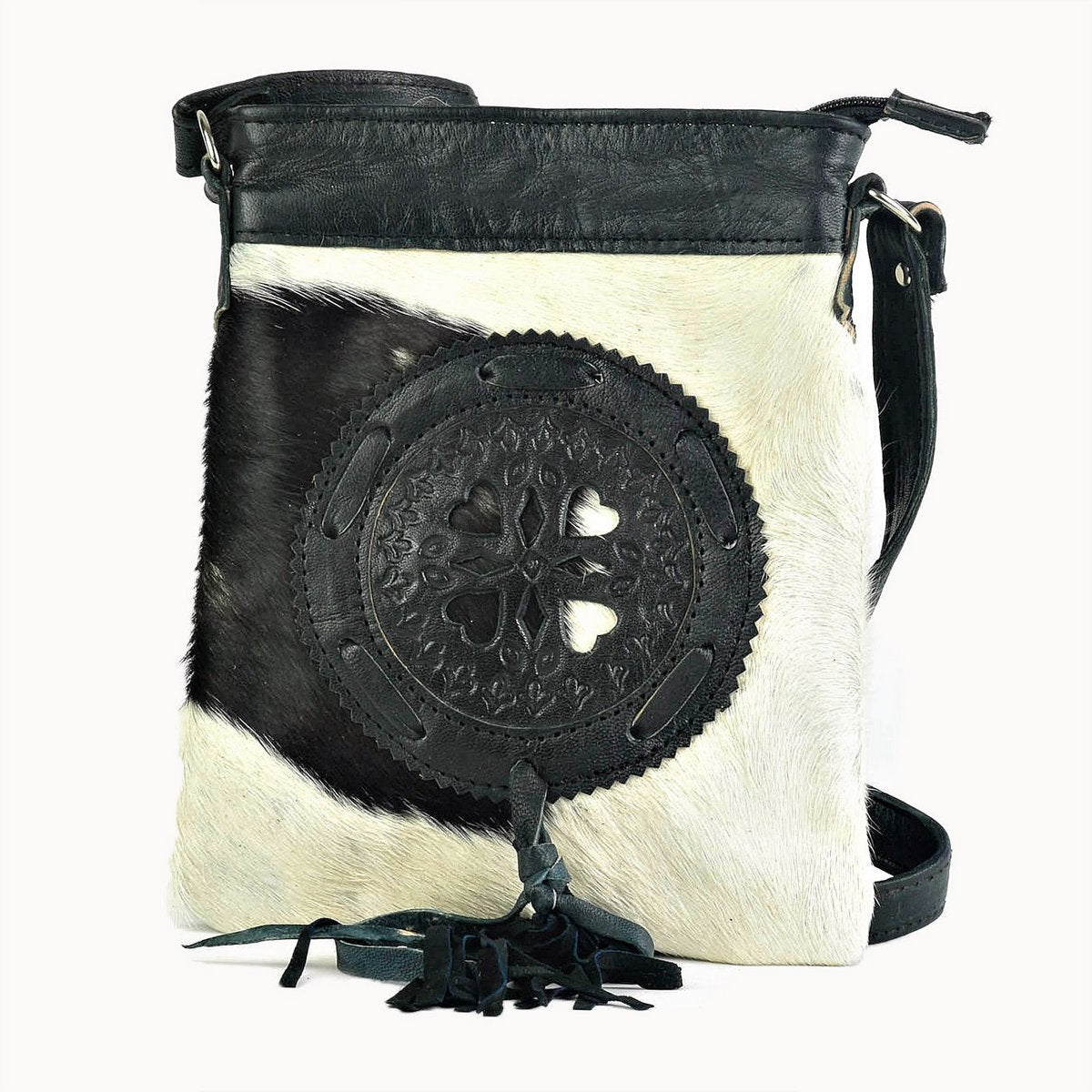 Farin leren heuptas en crossbodytas met koeienhuid, 15 × 3 × 20 cm