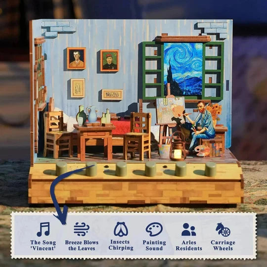 DIY miniatuurhuis Vincent’s Bedroom met geluid en stofkap, 18 cm