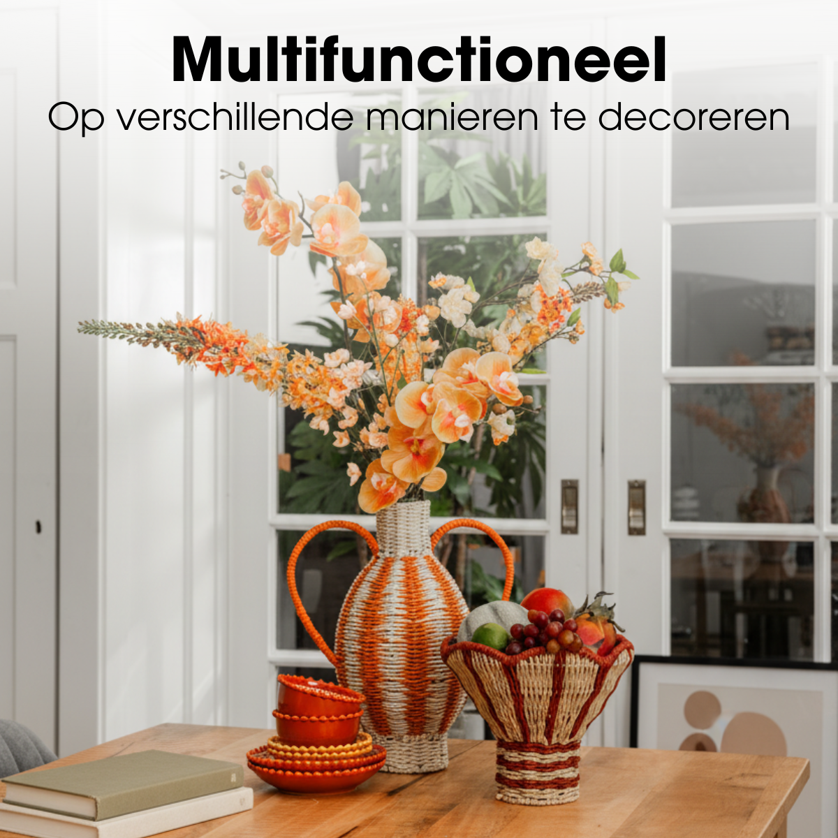 Geweven vaas met handgrepen, lichtgeel en oranje, 38 × Ø 21 cm