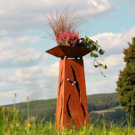 Patina plantenzuil met barstmotief en bloembak naar keuze