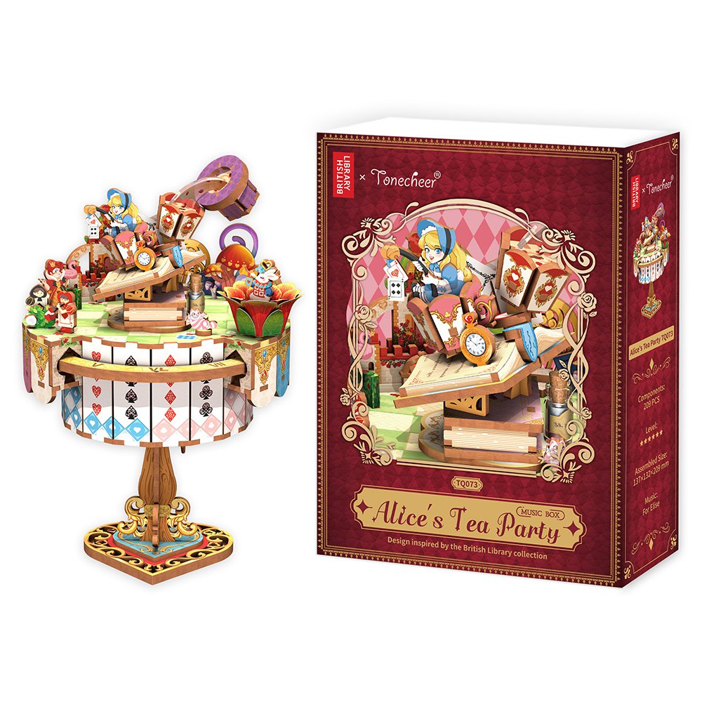 DIY 3D houten muziekdoos Alice's Tea Party, 13,7 x 13,2 x 20,9 cm