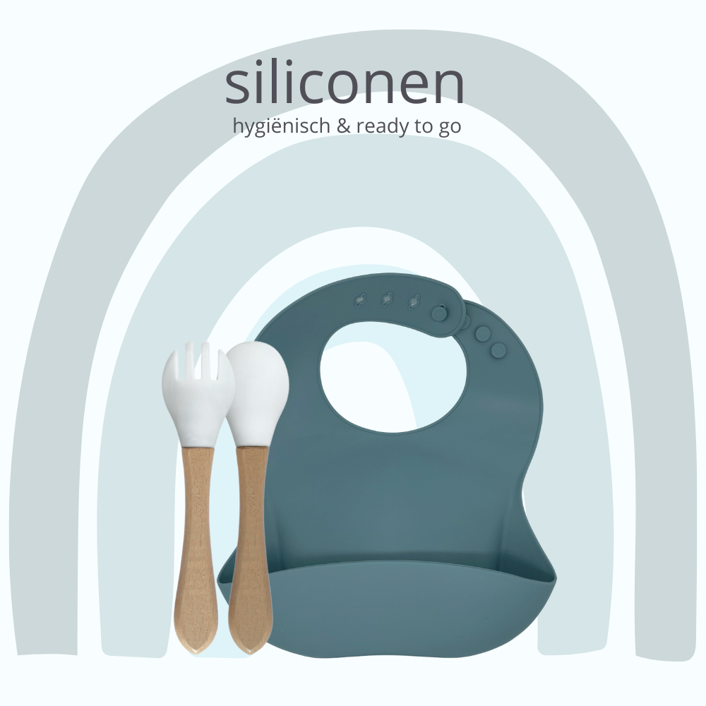 Siliconen slabbetje met bamboe bestek, petrol