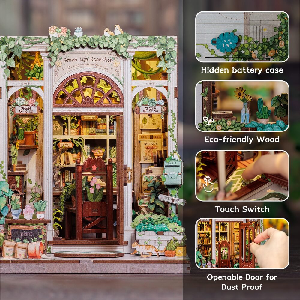 DIY miniatuurhuis Green Life Bookshop met stofkap, 18 cm