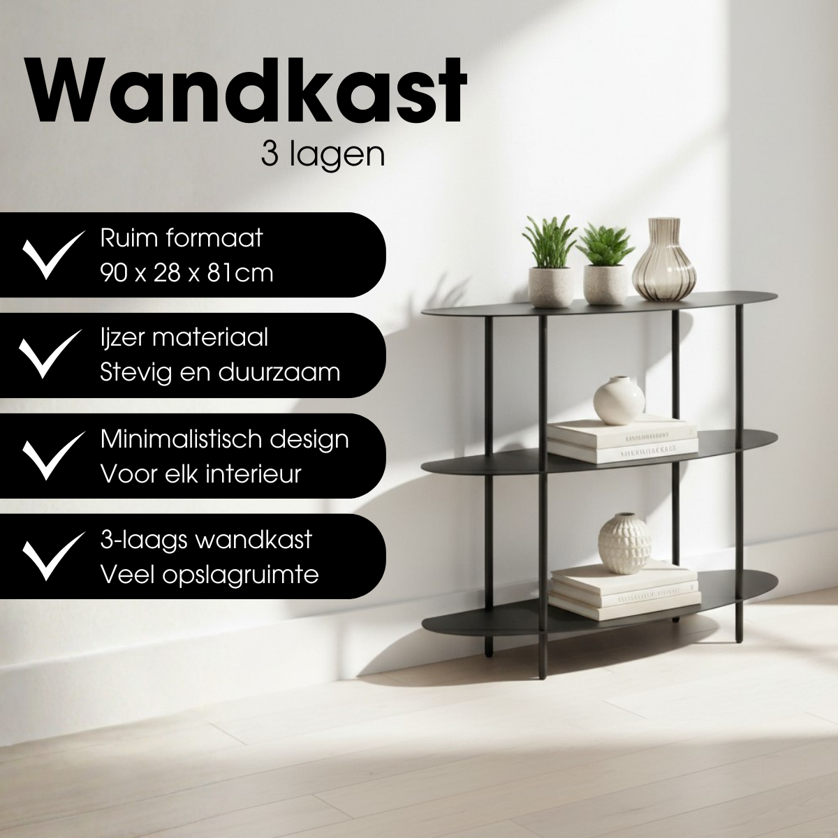 Open kast, zwart met 3 ovale planken, 90 x 28 x 81 cm