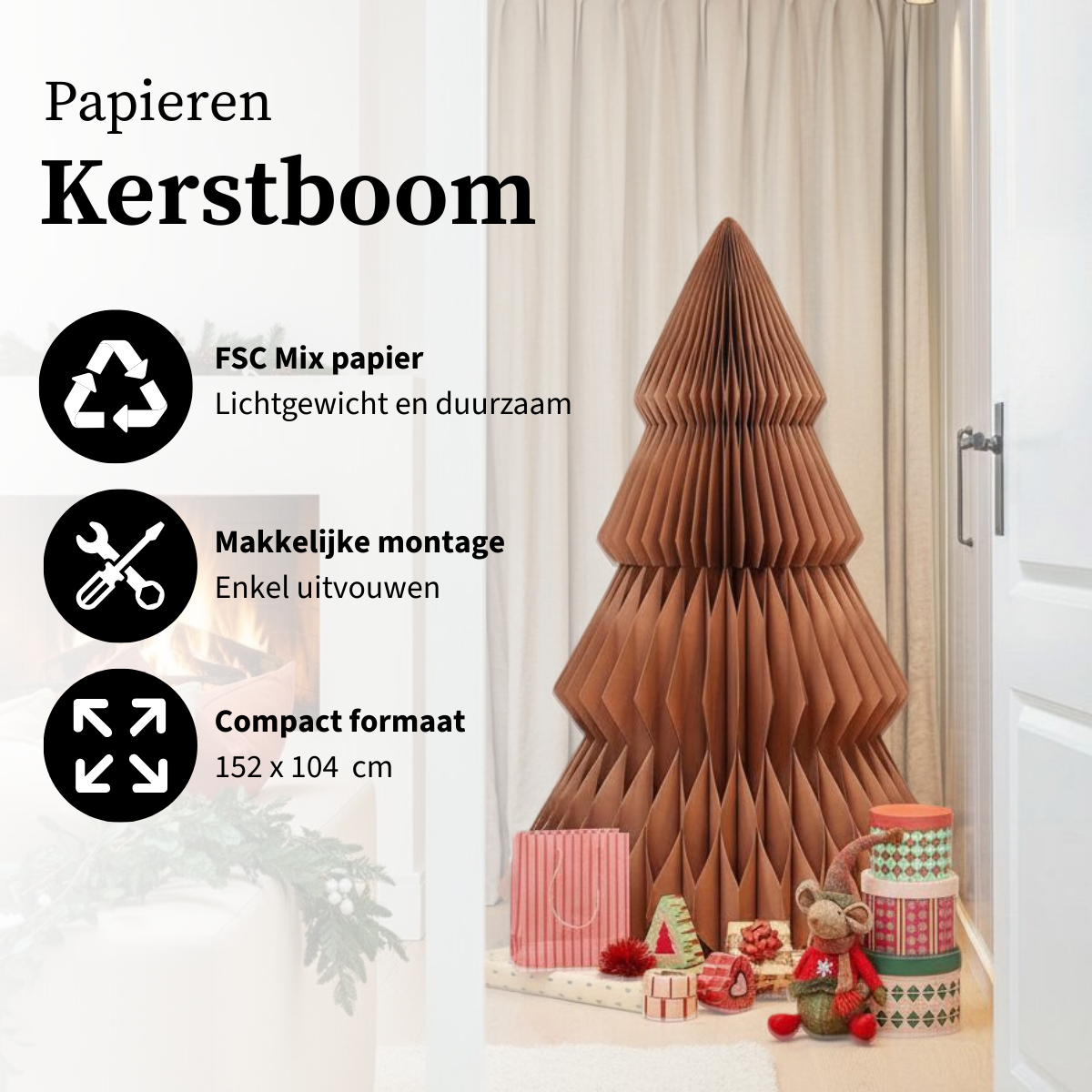 Bruine papieren kerstboom, opvouwbaar, Ø 104 × 152 cm