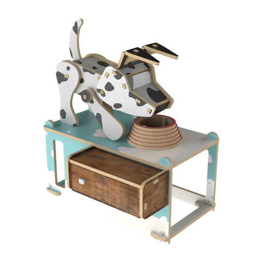 3D mechanische houten puzzel hond bij voerbak 12,5 × 13 × 13,5 cm – 53 stukjes