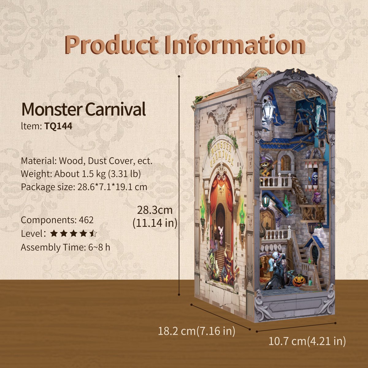Monster Carnival book nook, 10,7 × 18,2 × 28,3 cm