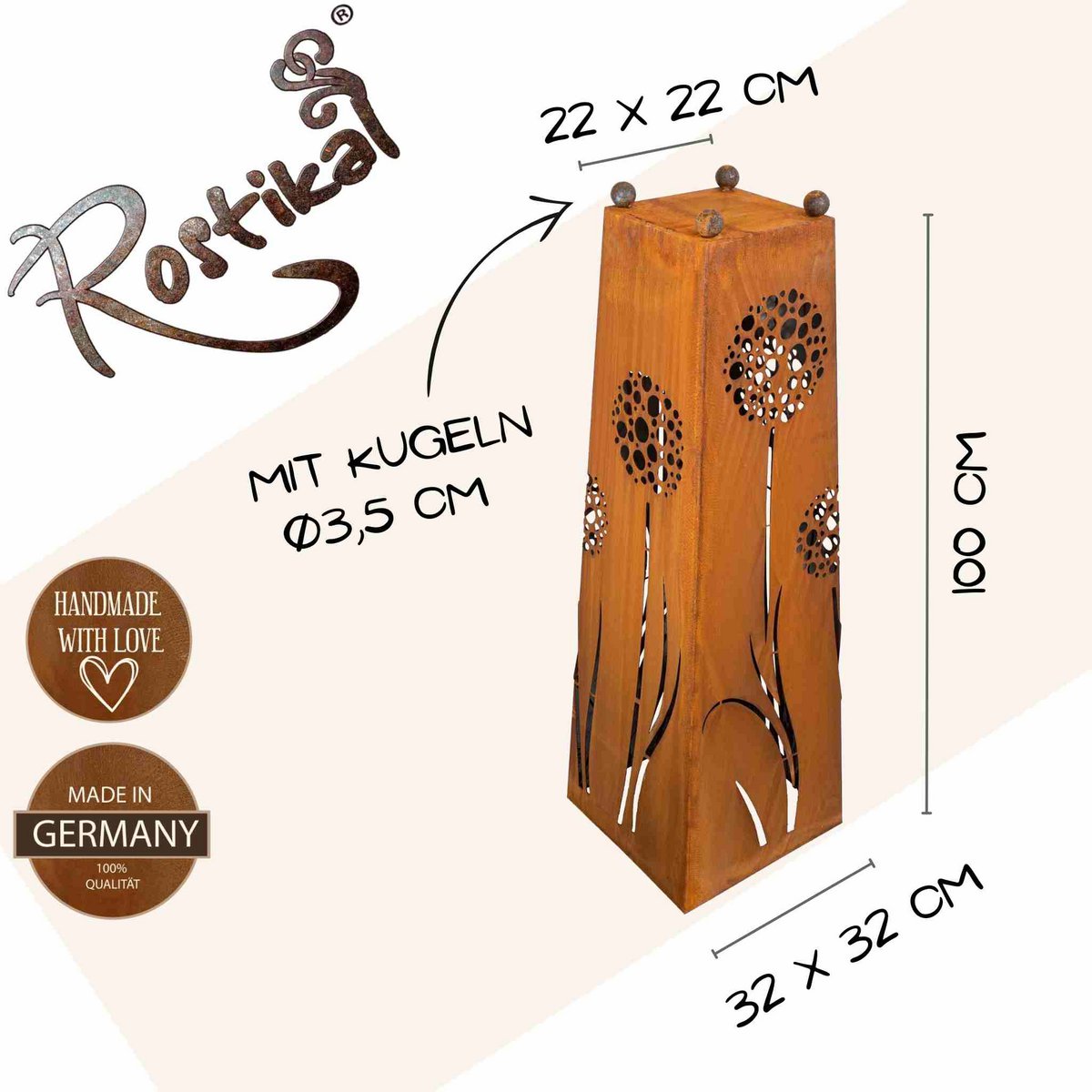 Roestmetalen plantenzuil met paardenbloemmotief, 100 cm