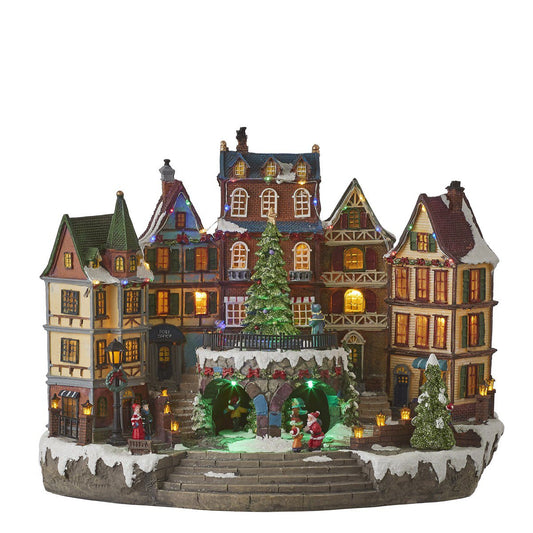 Kerstdorp dorpsplein met draaiende kerstboom en verlichting, 41,5 × 25 × 31,5 cm