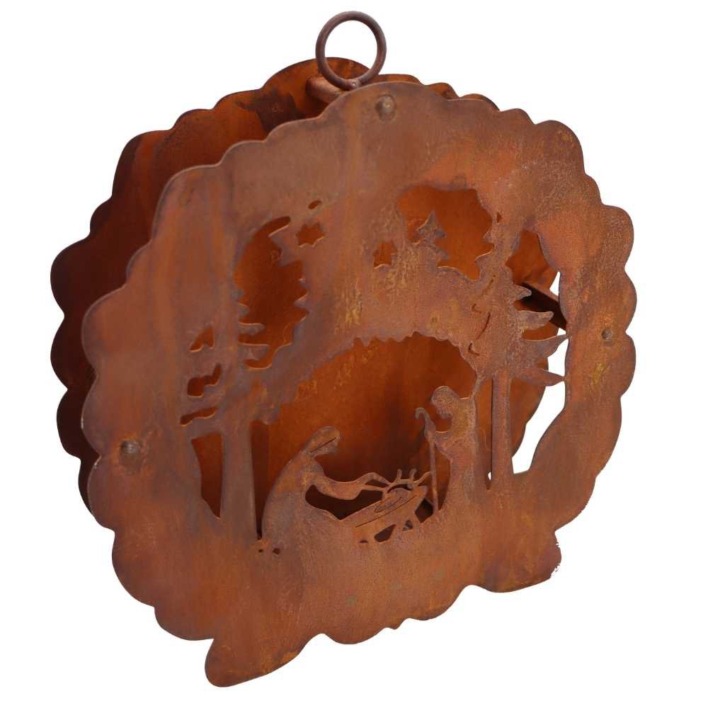Roestmetalen kerststal met theelichthouder, om op te hangen, 26 cm