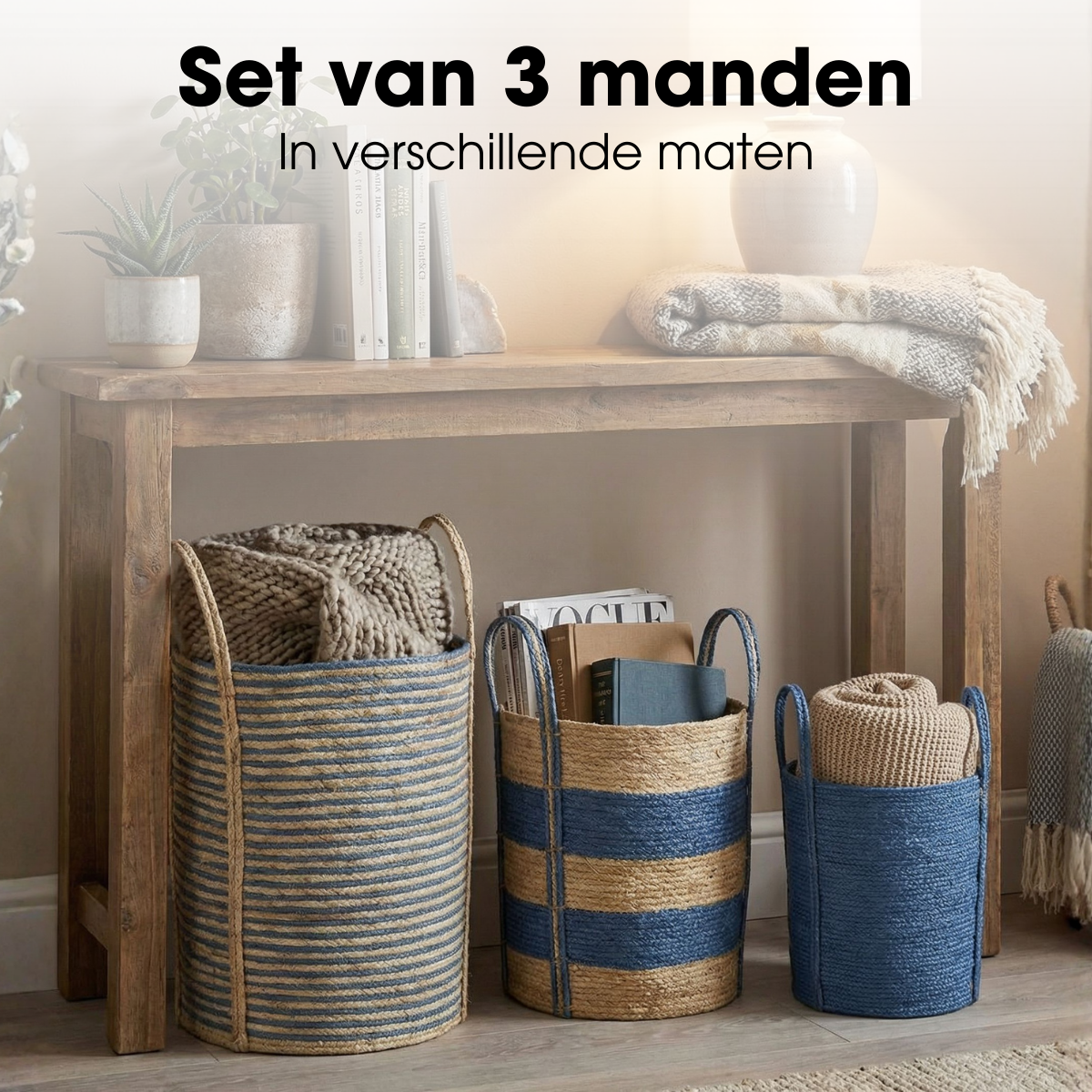Brooklyn opbergmanden, set van 3, blauw en lichtbruin