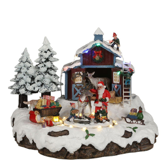 Kerstdorp tafereel met kerstman, elfjes en roterend plateau, 23,5 × 21 × 20 cm