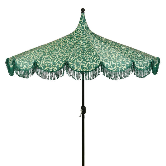 Donkergroene parasol met bloemenprint en franjes Ø235 cm