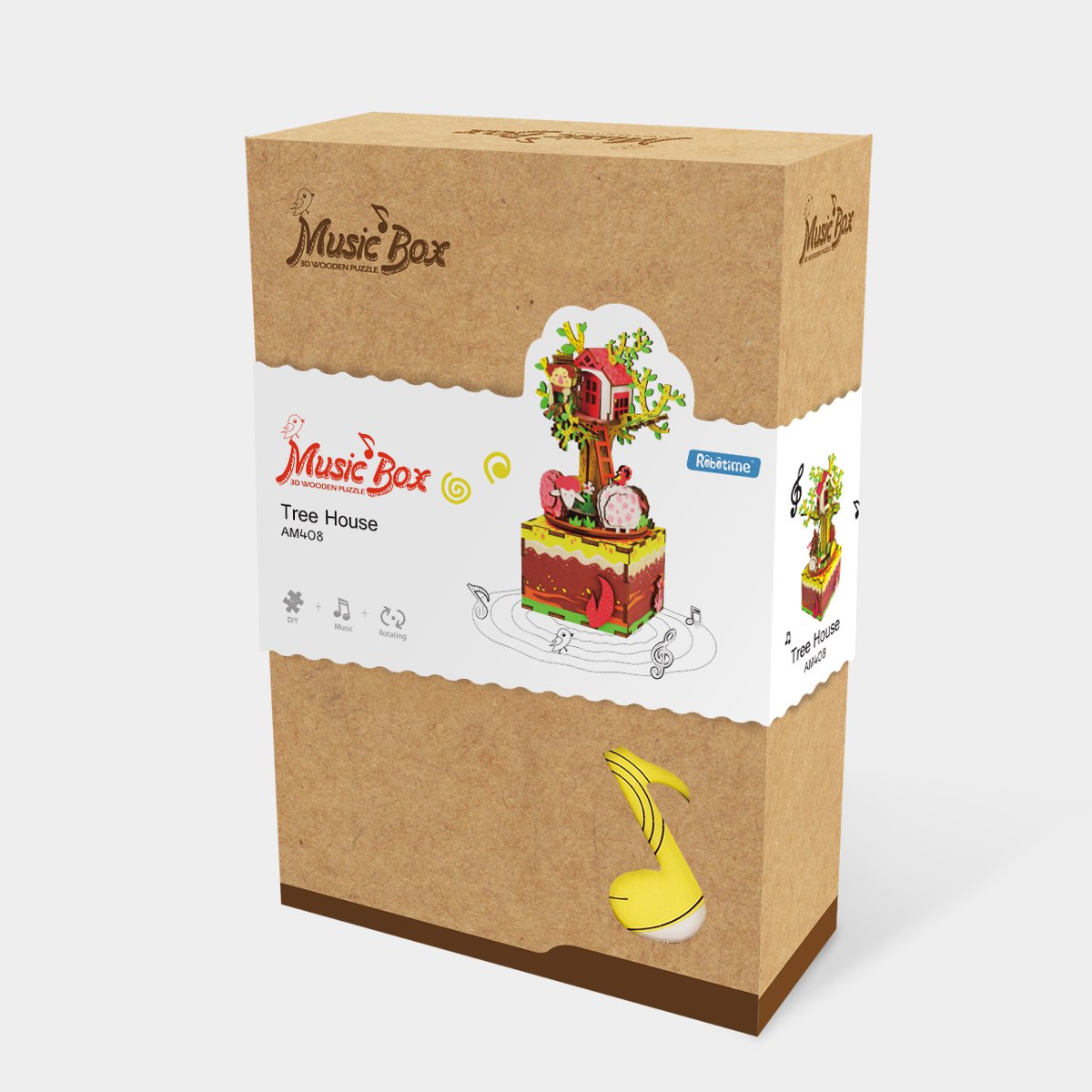 Houten bouwpakket muziekdoos boomhut 98 stukjes, 11,6 × 11,5 × 19,5 cm