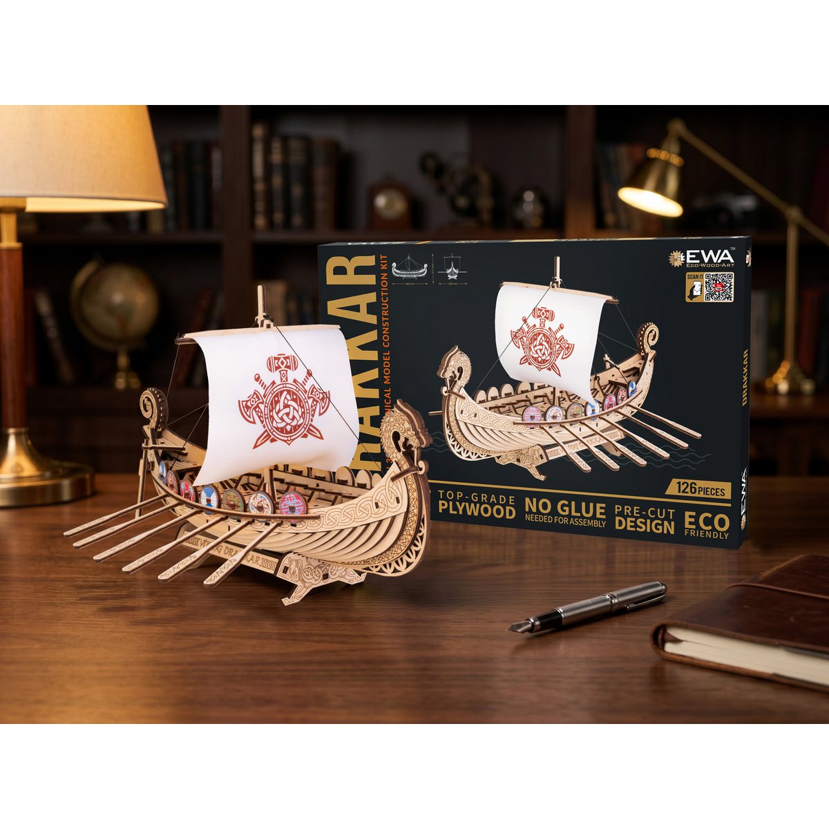 Drakkar Vikingschip houten bouwpakket, 26 × 34 × 21,7 cm