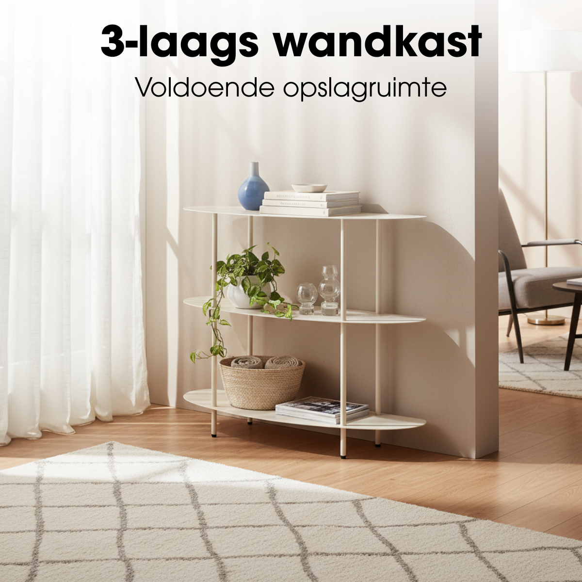 Open kast, off-white met 3 ovale planken, 90 x 28 x 81 cm