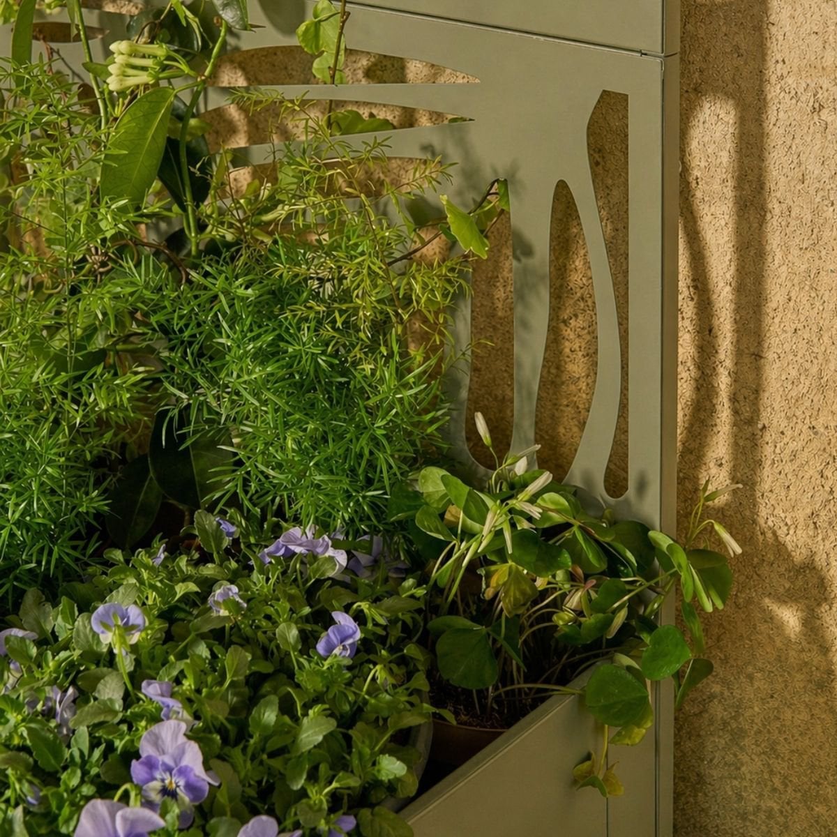 Sapri, groene plantenbak met bladmotief, 92 x 33 x 174 cm