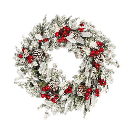 Groene kerstkrans met sneeuw en rode besjes, Ø 50 cm