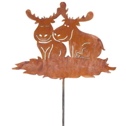 Roestmetalen elandenpaar op tuinsteker, 24 cm