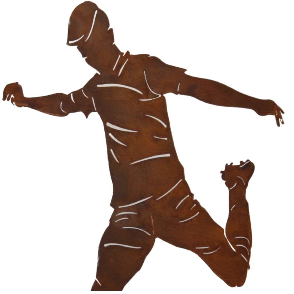 Roestmetalen voetballer met bal, 40 cm