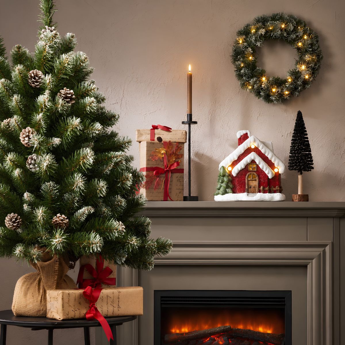 Empress Spruce besneeuwde mini kunstkerstboom met jute voet, 90 cm