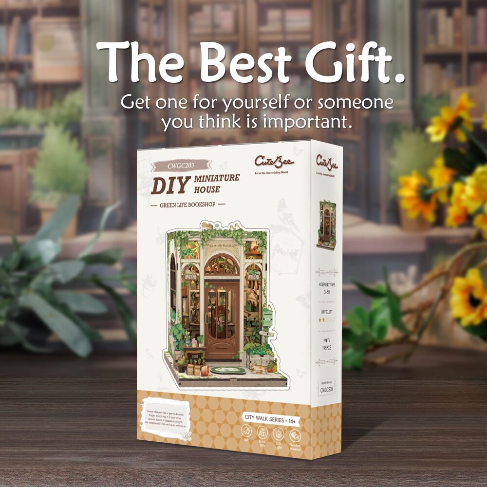 DIY miniatuurhuis Green Life Bookshop met stofkap, 18 cm
