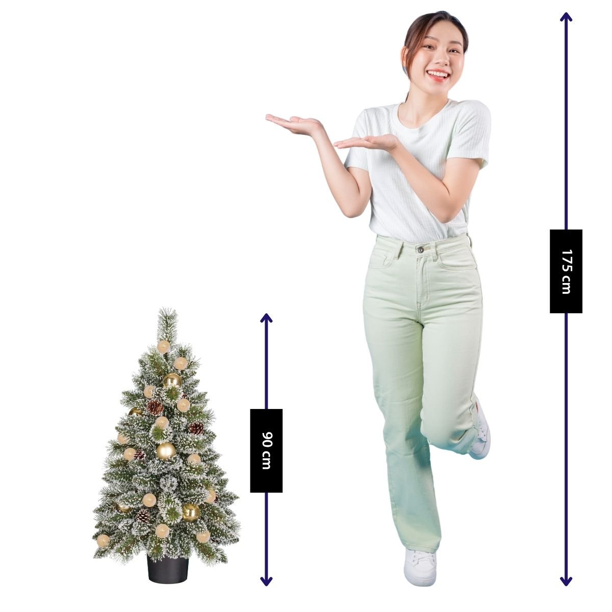 Kaprun frosted kunstkerstboom met LED in goud/groen, 90 cm, Ø 51 cm