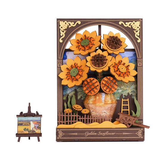 3D houten bouwpakket gouden zonnebloem 16,5 × 8 × 21,5 cm – 266 stukjes