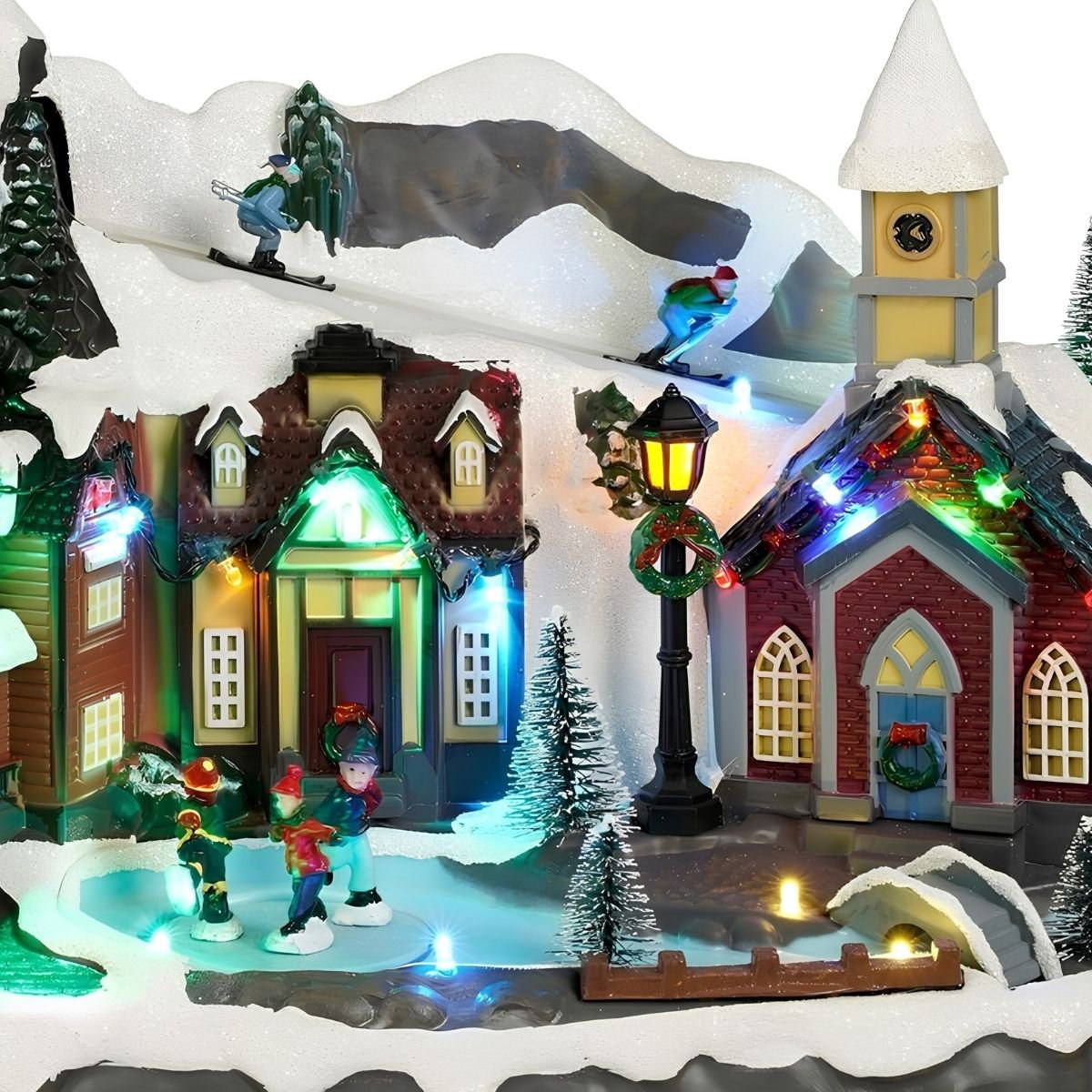 Kerstdorp miniatuur met schaatsers, verlichting en beweging, 34 × 18 × 24 cm