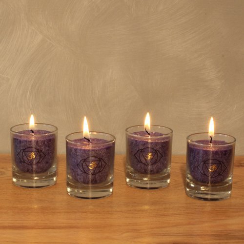 Ajna chakra kaarsen indigo, 6 × 6 cm, set van 4