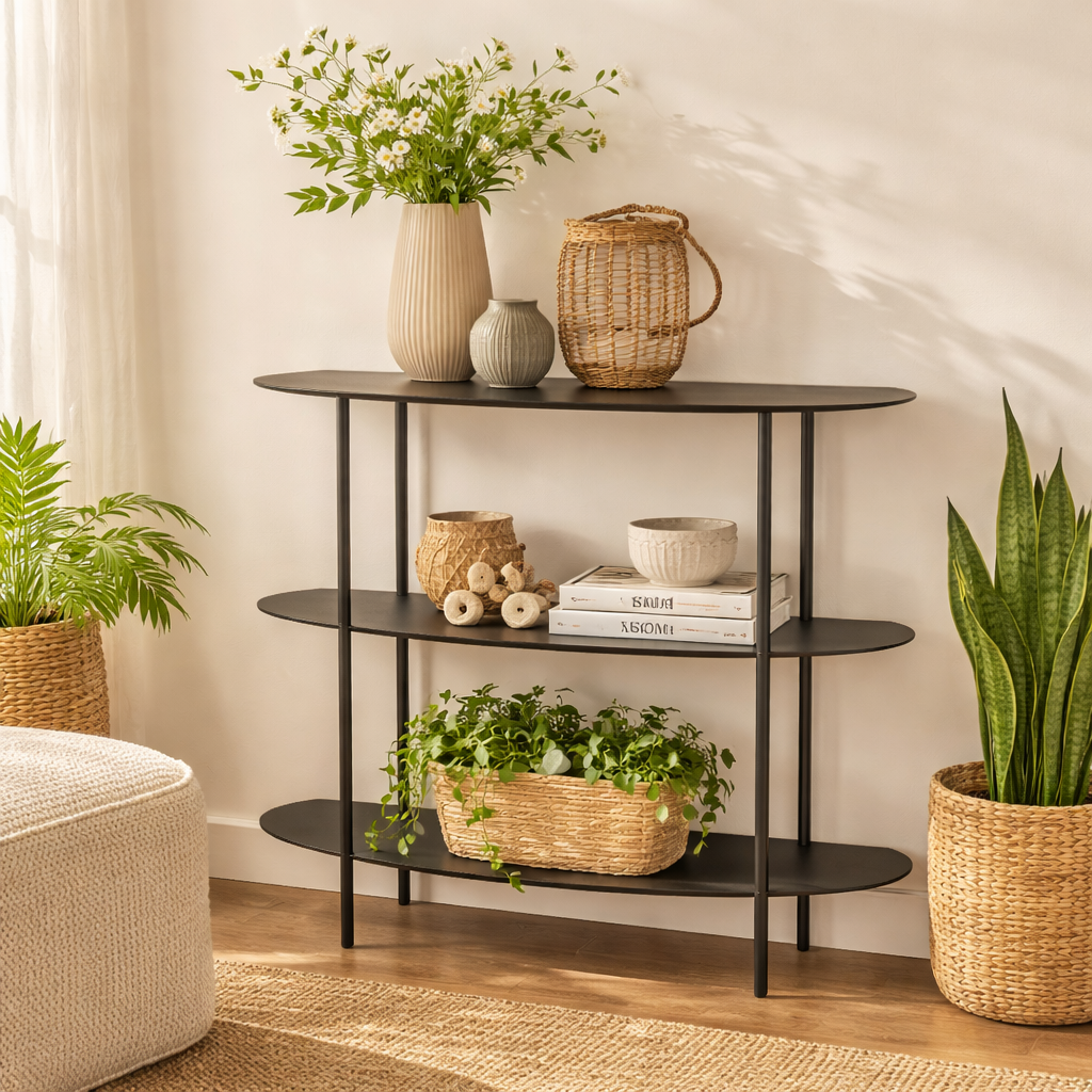 Open kast, zwart met 3 ovale planken, 90 x 28 x 81 cm
