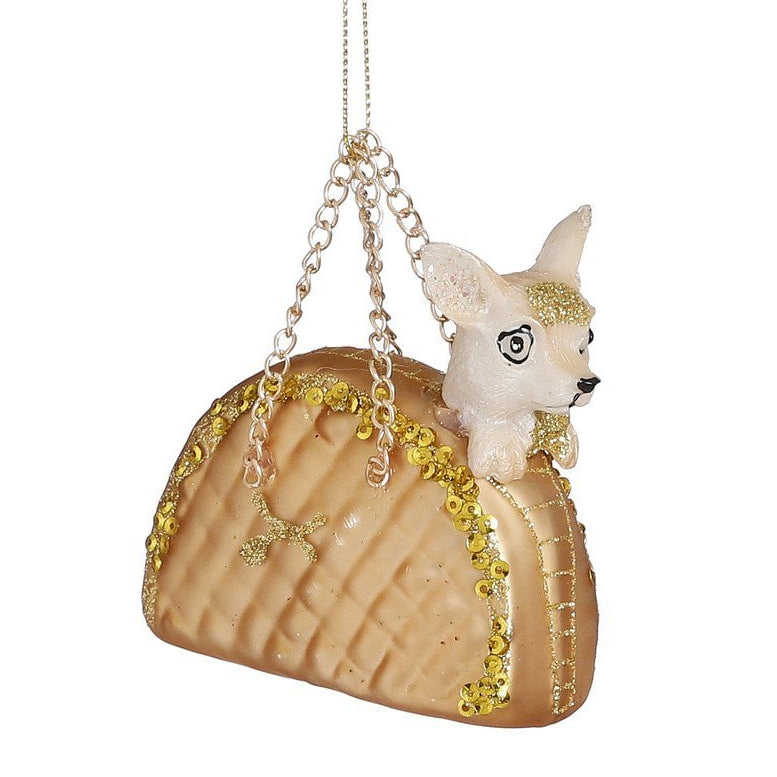 Glazen kerstornament hond in handtas, goud, 8 cm
