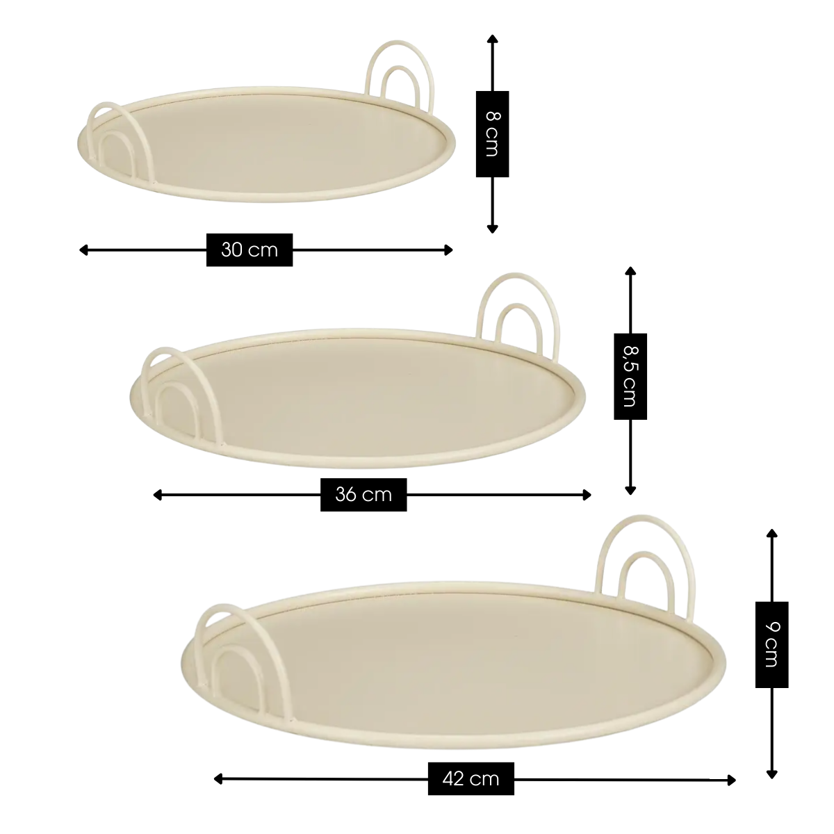 Dienbladen set van 3 met handgrepen, Ø30, Ø36 en Ø42 cm