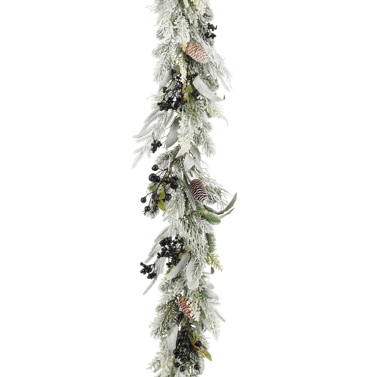 Groene kerstguirlande met sneeuw, dennenappels en zwarte besjes, 180 cm