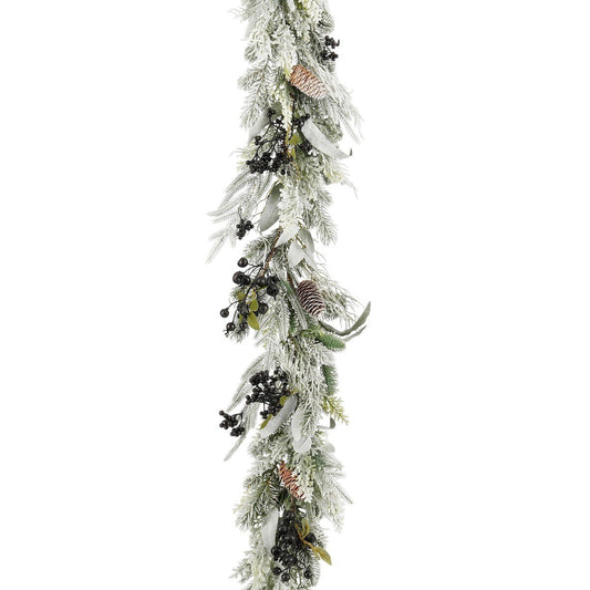 Groene kerstguirlande met sneeuw, dennenappels en zwarte besjes, 180 cm