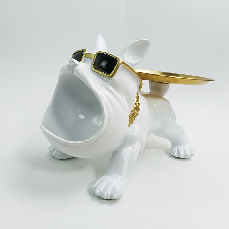 Bulldog met dienblad, wit en goud, 30 × 17 × 19,5 cm