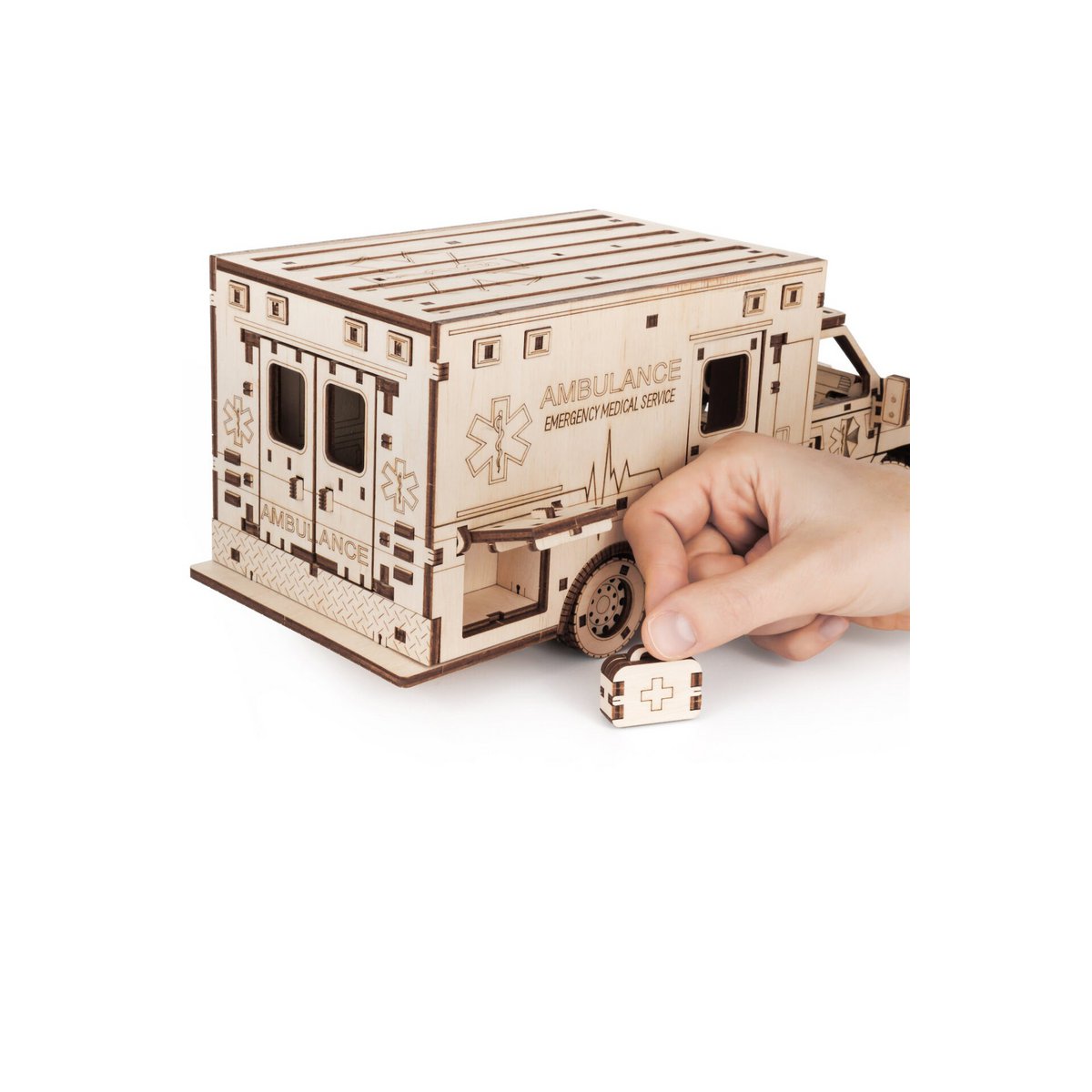 DIY houten mechanische puzzel ambulance, 29,5 x 12,9 x 12,4 cm