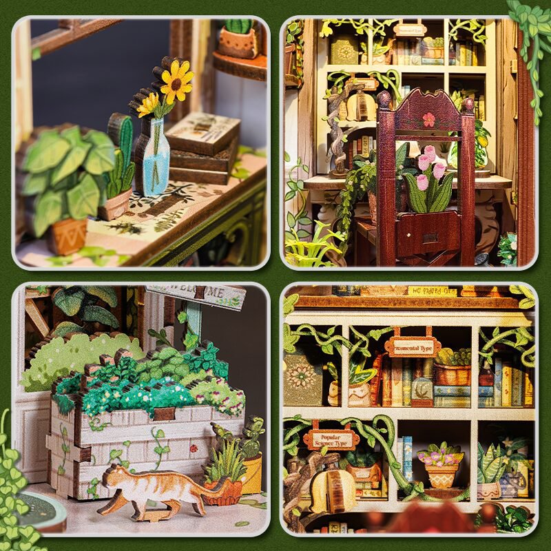 DIY miniatuurhuis Green Life Bookshop met stofkap, 18 cm