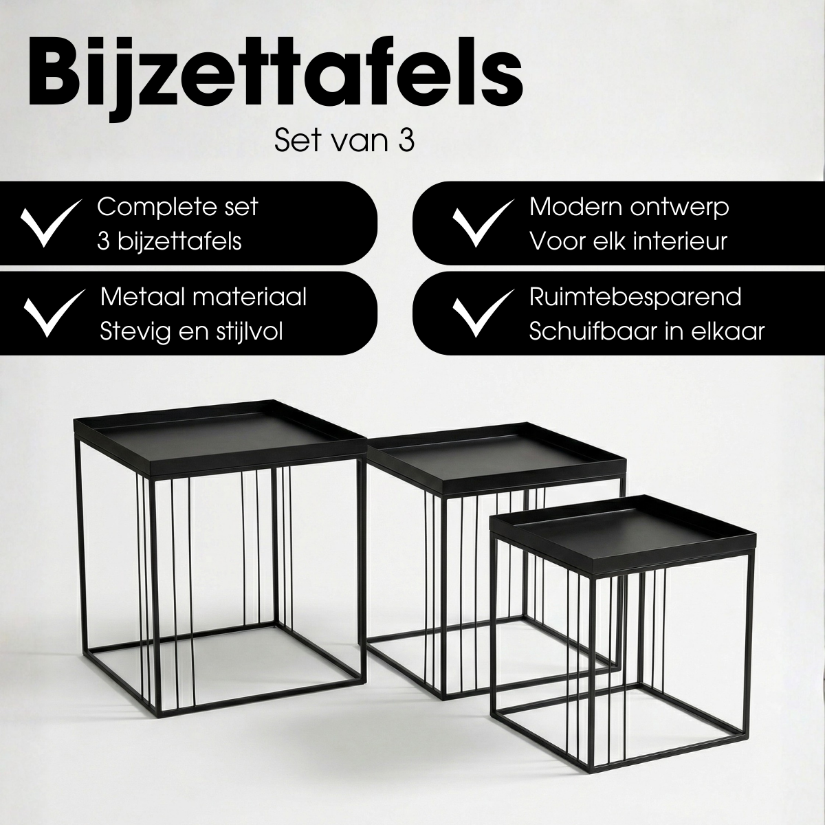 Zwarte bijzettafel set Beth - 3-delig