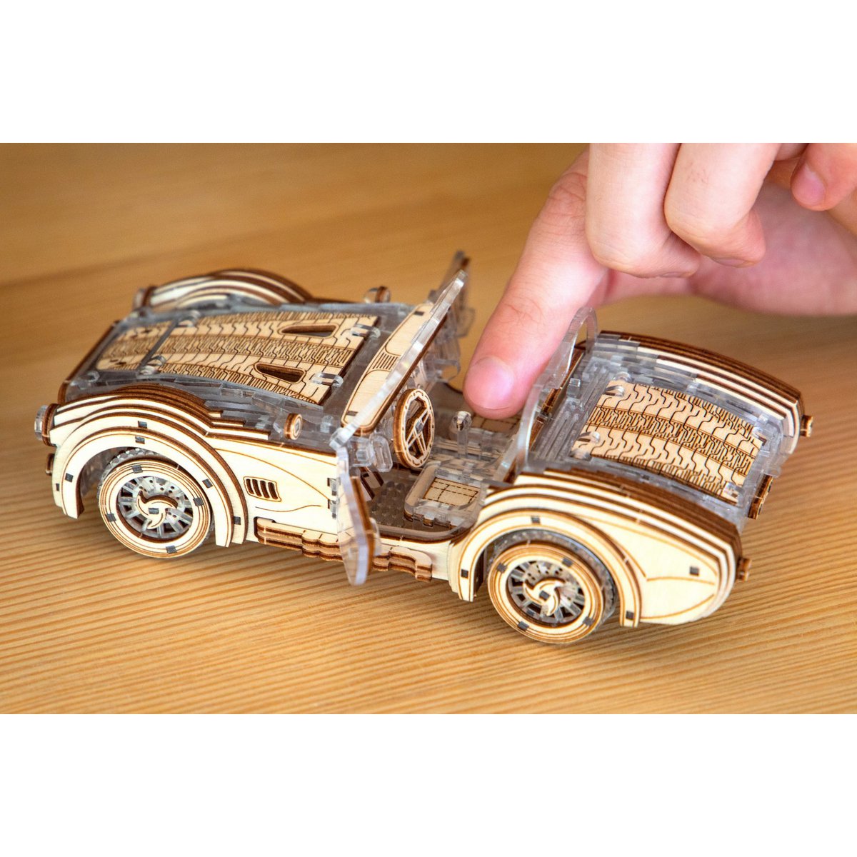 DIY houten mechanische puzzel Speedster V2 auto, 16,4 x 8 x 5,5 cm