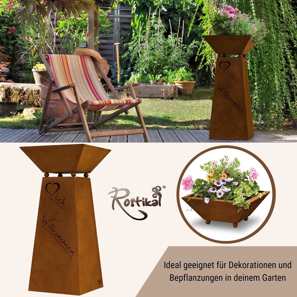 Welkomstzuil met bloemenschaal van roestpatina, 57 cm