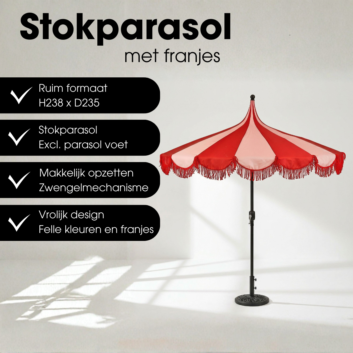 Rood gestreepte parasol met franjes Ø235 cm