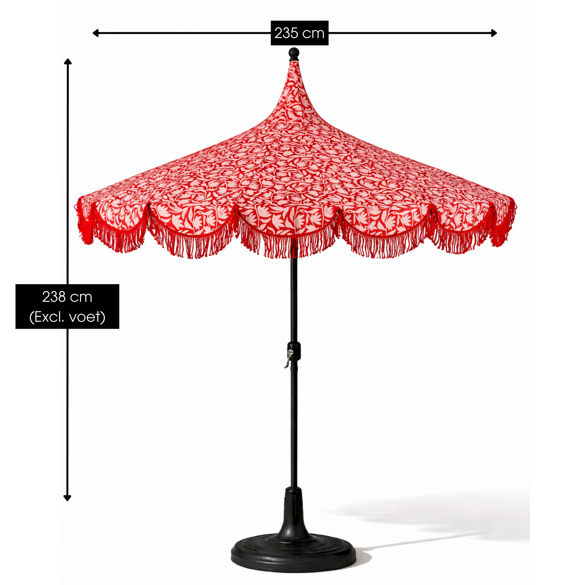 Rode parasol met bloemenprint en franjes Ø235 cm