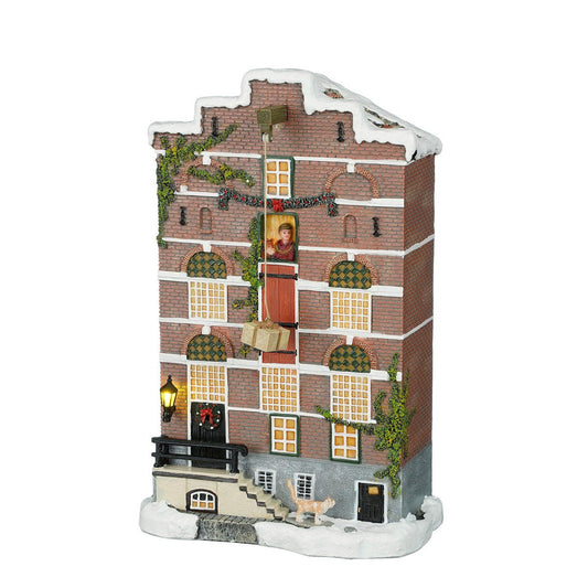 Kerstdorp pakhuisgevel met hijsbalk en verlichting, 18,5 × 10,5 × 29 cm