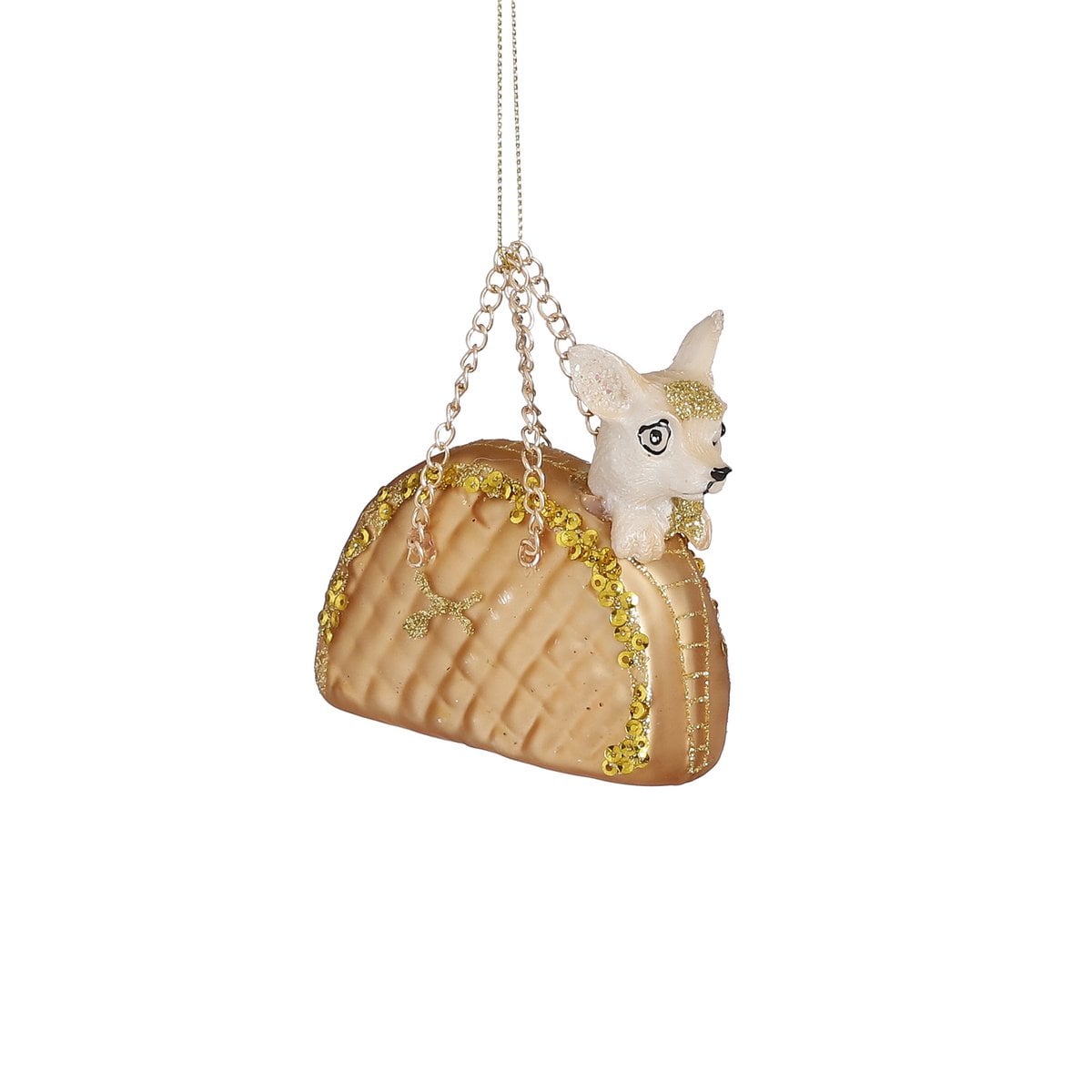 Glazen kerstornament hond in handtas, goud, 8 cm